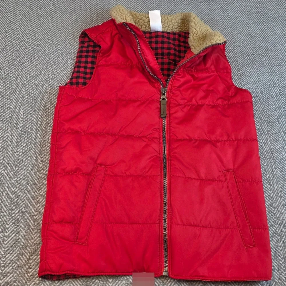 Carters Kid Red Puffer Vest Sherpa Collar Buffalo Plaid Lining Size 7 3J219010